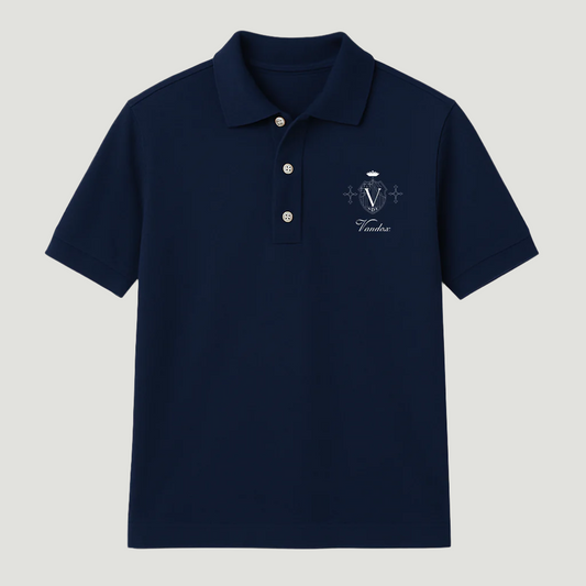 Deep Blue Navy Vandox Saint Louis Country Polo featuring royal crest embroidery with crown and monogram V, combining classic sophistication and quiet luxury. Starboy old money polo shirt clothes vandox sacrevandox vandox clothes vandox clothing