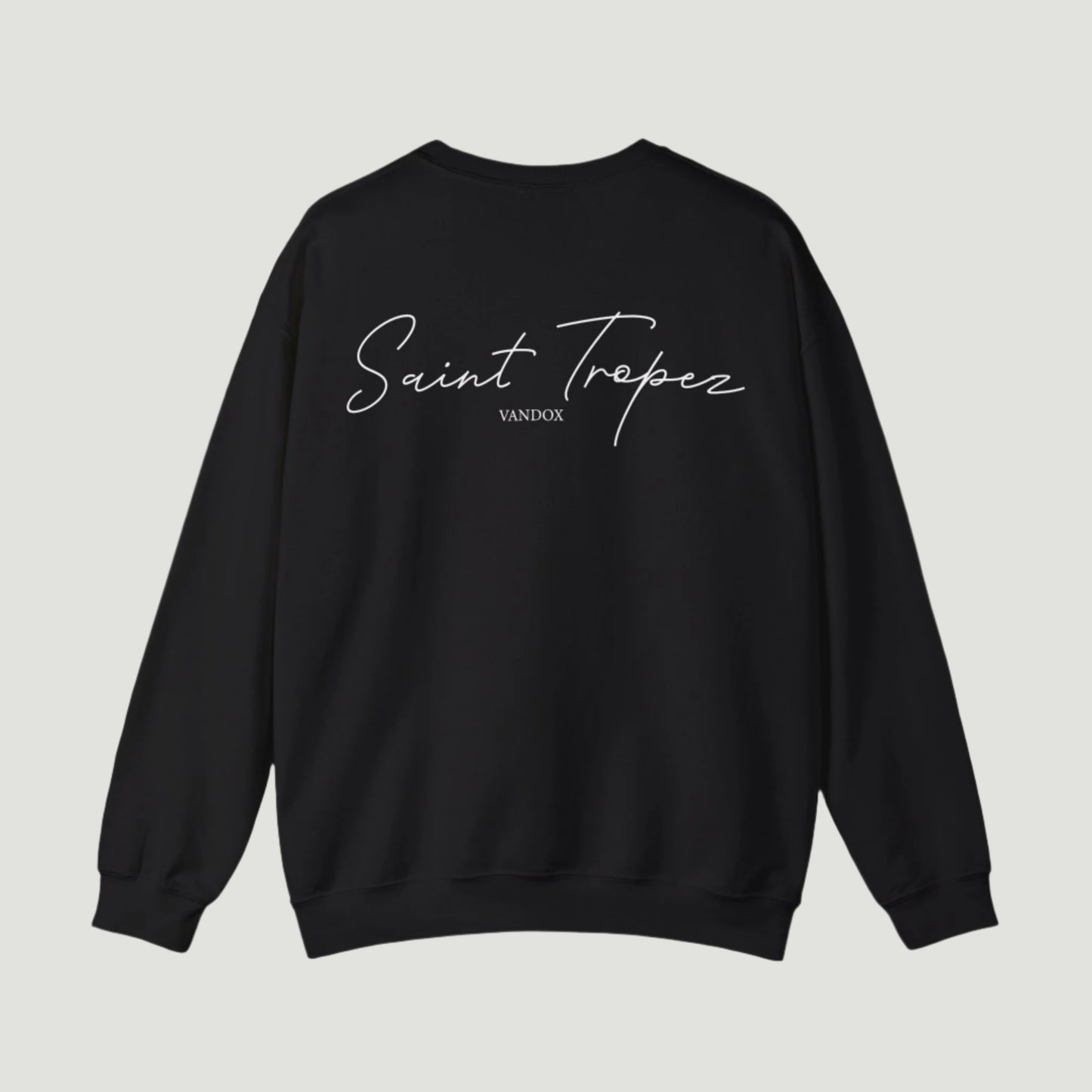 Back view of Deep Black Saint Tropez Crewneck from Vandox SS25 Collection featuring signature script logo and clean minimal aesthetic. Starboy old money hoodie sweatshirt clothes vandox sacrevandox vandox clothes vandox clothing crewneck
