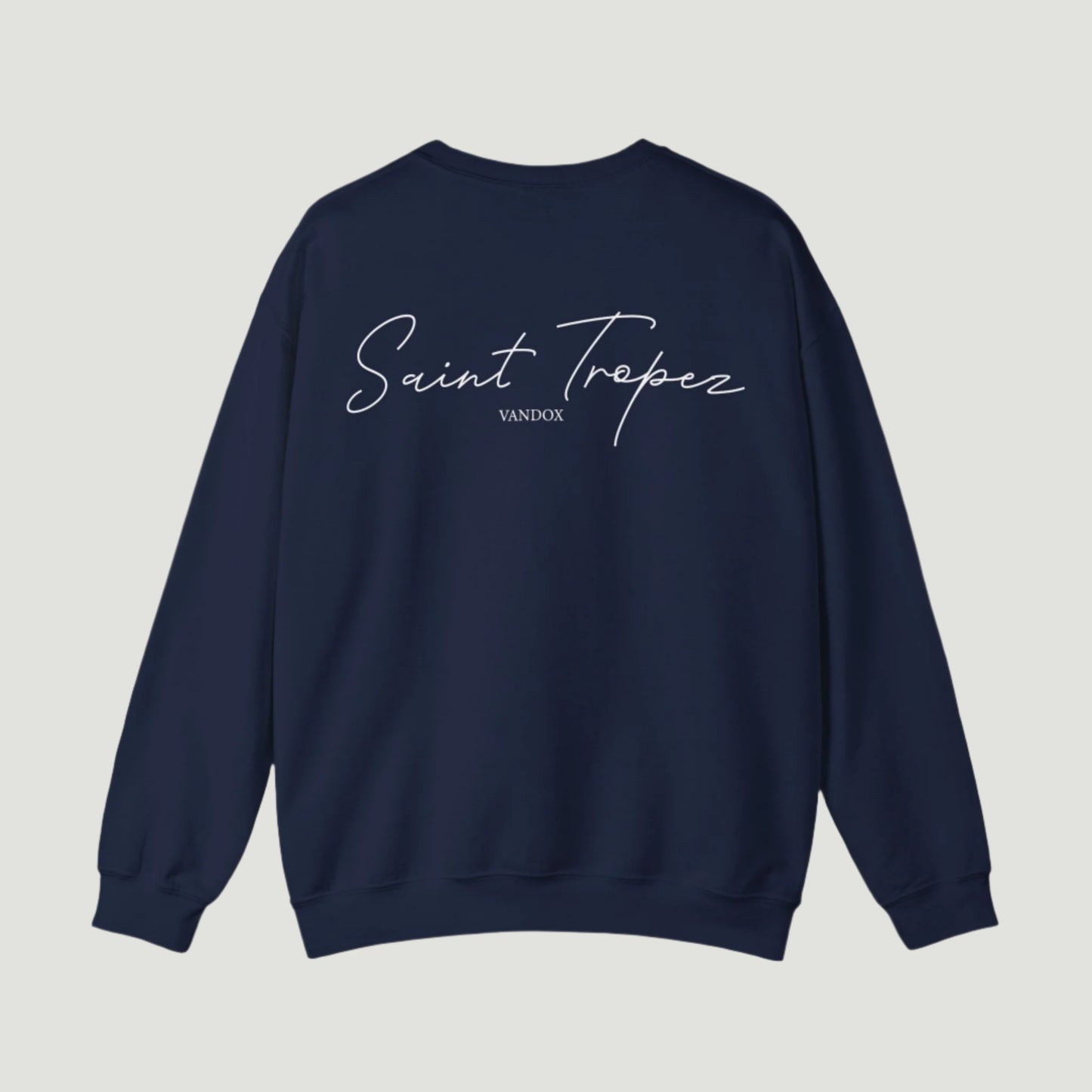 Back view of Deep Blue Navy Saint Tropez Crewneck from Vandox SS25 Collection featuring signature script logo and clean minimal aesthetic. Starboy old money hoodie sweatshirt clothes vandox sacrevandox vandox clothes vandox clothing crewneck