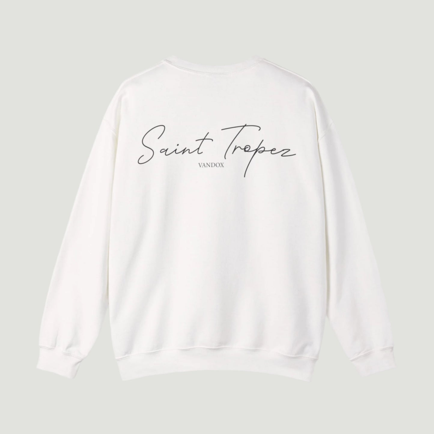 Back view of Eggshell White Saint Tropez Crewneck from Vandox SS25 Collection featuring signature script logo and clean minimal aesthetic. Starboy old money hoodie sweatshirt clothes vandox sacrevandox vandox clothes vandox clothing crewneck