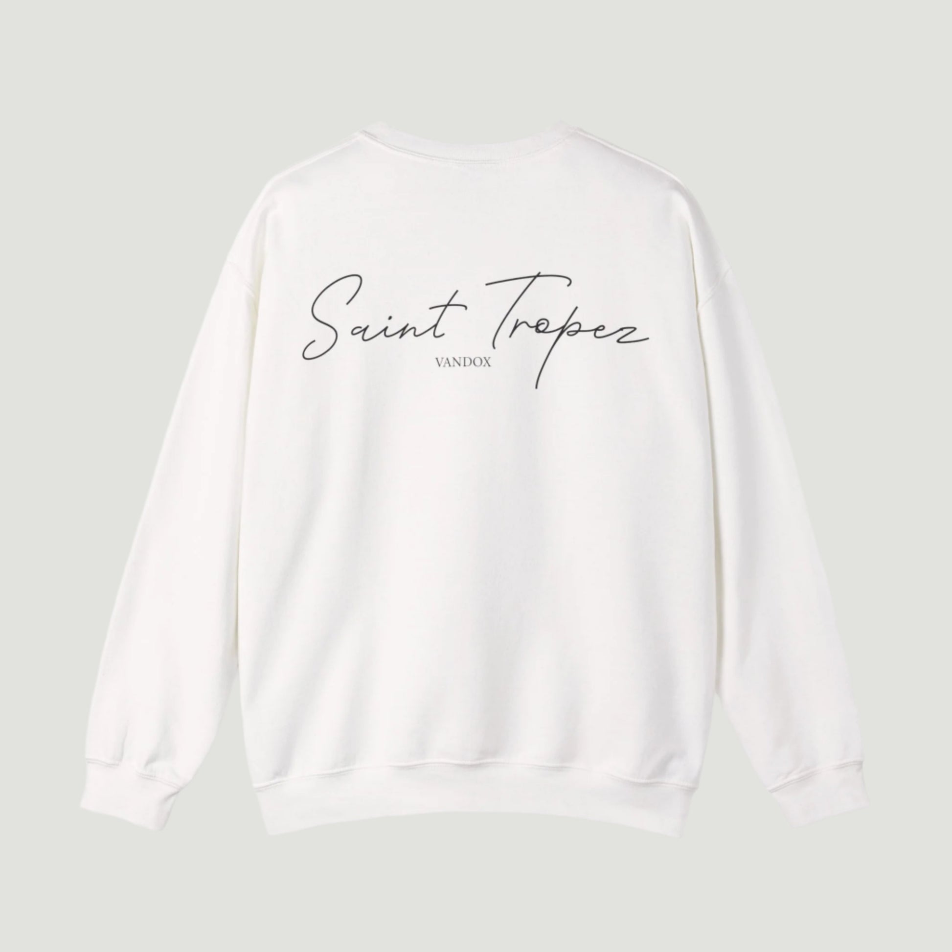 Back view of Eggshell White Saint Tropez Crewneck from Vandox SS25 Collection featuring signature script logo and clean minimal aesthetic. Starboy old money hoodie sweatshirt clothes vandox sacrevandox vandox clothes vandox clothing crewneck