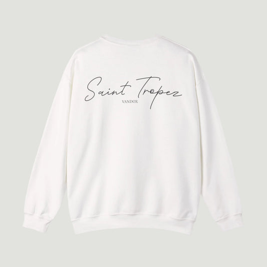 Back view of Eggshell White Saint Tropez Crewneck from Vandox SS25 Collection featuring signature script logo and clean minimal aesthetic. Starboy old money hoodie sweatshirt clothes vandox sacrevandox vandox clothes vandox clothing crewneck