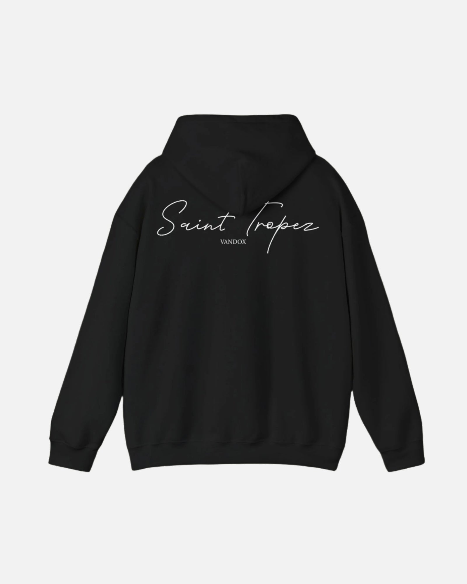 Back view of Deep Black Saint-Tropez Hoodie featuring elegant script logo print from Vandox SS25 Collection. Starboy old money hoodie sweatshirt clothes vandox sacrevandox vandox clothes vandox clothing