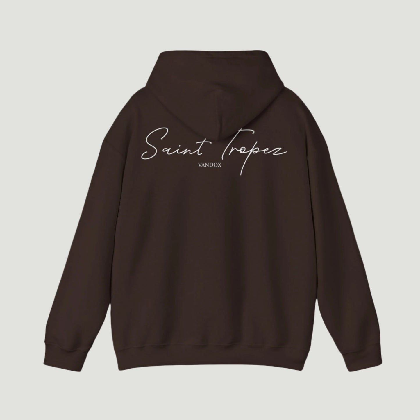 Back view of Brown Chocolate Saint-Tropez Hoodie featuring elegant script logo print from Vandox SS25 Collection. Starboy old money hoodie sweatshirt clothes vandox sacrevandox vandox clothes vandox clothing
