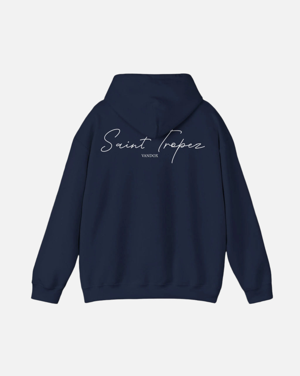 Back view of Navy Deep Blue Saint-Tropez Hoodie featuring elegant script logo print from Vandox SS25 Collection. Starboy old money hoodie sweatshirt clothes vandox sacrevandox vandox clothes vandox clothing