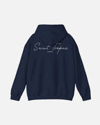Back view of Navy Deep Blue Saint-Tropez Hoodie featuring elegant script logo print from Vandox SS25 Collection. Starboy old money hoodie sweatshirt clothes vandox sacrevandox vandox clothes vandox clothing