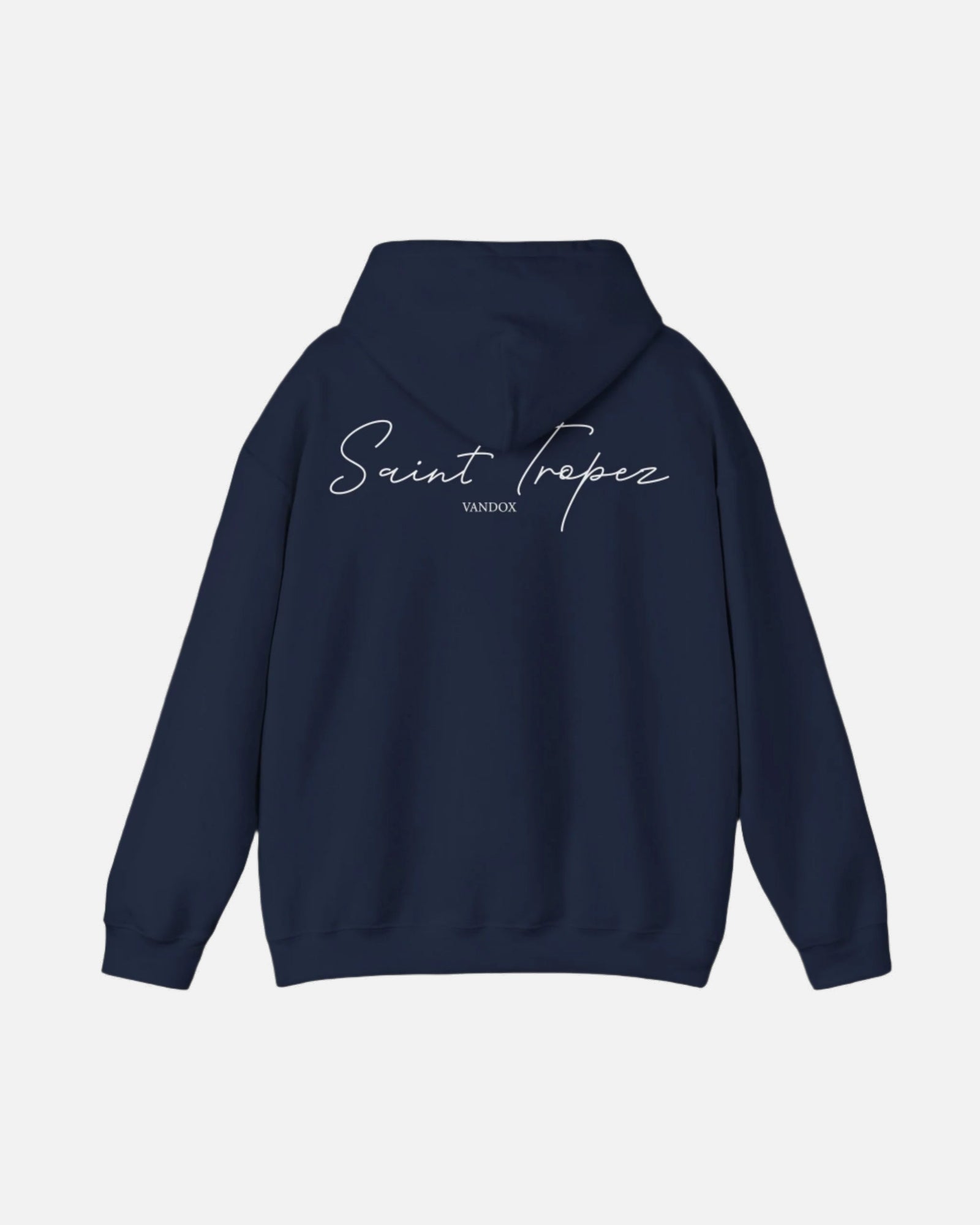 Back view of Navy Deep Blue Saint-Tropez Hoodie featuring elegant script logo print from Vandox SS25 Collection. Starboy old money hoodie sweatshirt clothes vandox sacrevandox vandox clothes vandox clothing