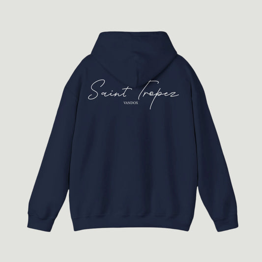 Back view of Navy Deep Blue Saint-Tropez Hoodie featuring elegant script logo print from Vandox SS25 Collection. Starboy old money hoodie sweatshirt clothes vandox sacrevandox vandox clothes vandox clothing