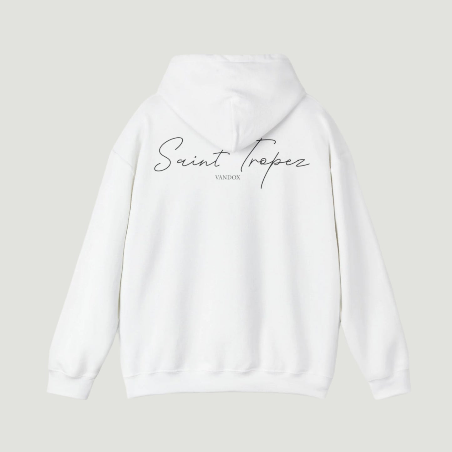 Back view of Eggshell White Saint-Tropez Hoodie featuring elegant script logo print from Vandox SS25 Collection. Starboy old money hoodie sweatshirt clothes vandox sacrevandox vandox clothes vandox clothing
