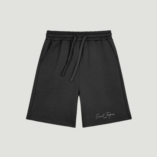 Deep Black Vandox Saint Tropez cotton shorts with “Saint-Tropez” script embroidery on the lower left leg, featuring an elastic drawstring waistband and side pockets – Vandox Saint-Tropez Shorts. Starboy old money shorts pants bottoms clothes vandox sacrevandox vandox clothes vandox clothing