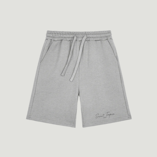 Sport Heather Grey Vandox Saint Tropez cotton shorts with minimalist “Saint-Tropez” script embroidered on the lower left leg, featuring drawstring waistband and side pockets – Vandox Saint-Tropez Shorts. Starboy old money shorts pants bottoms clothes vandox sacrevandox vandox clothes vandox clothing