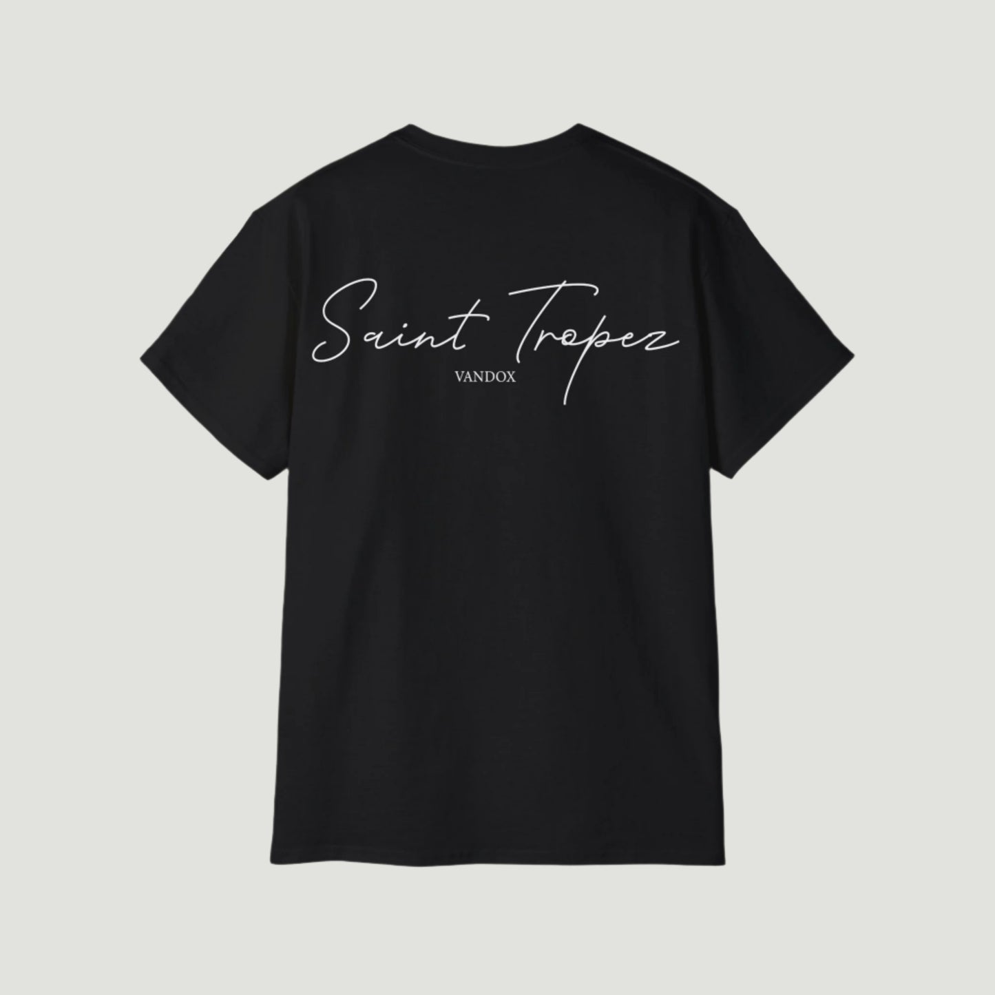 Deep Black Vandox Saint Tropez T-Shirt with large white cursive “Saint Tropez” script on the back and small Vandox branding. Starboy old money shirt tshirt clothes vandox sacrevandox vandox clothes vandox clothing