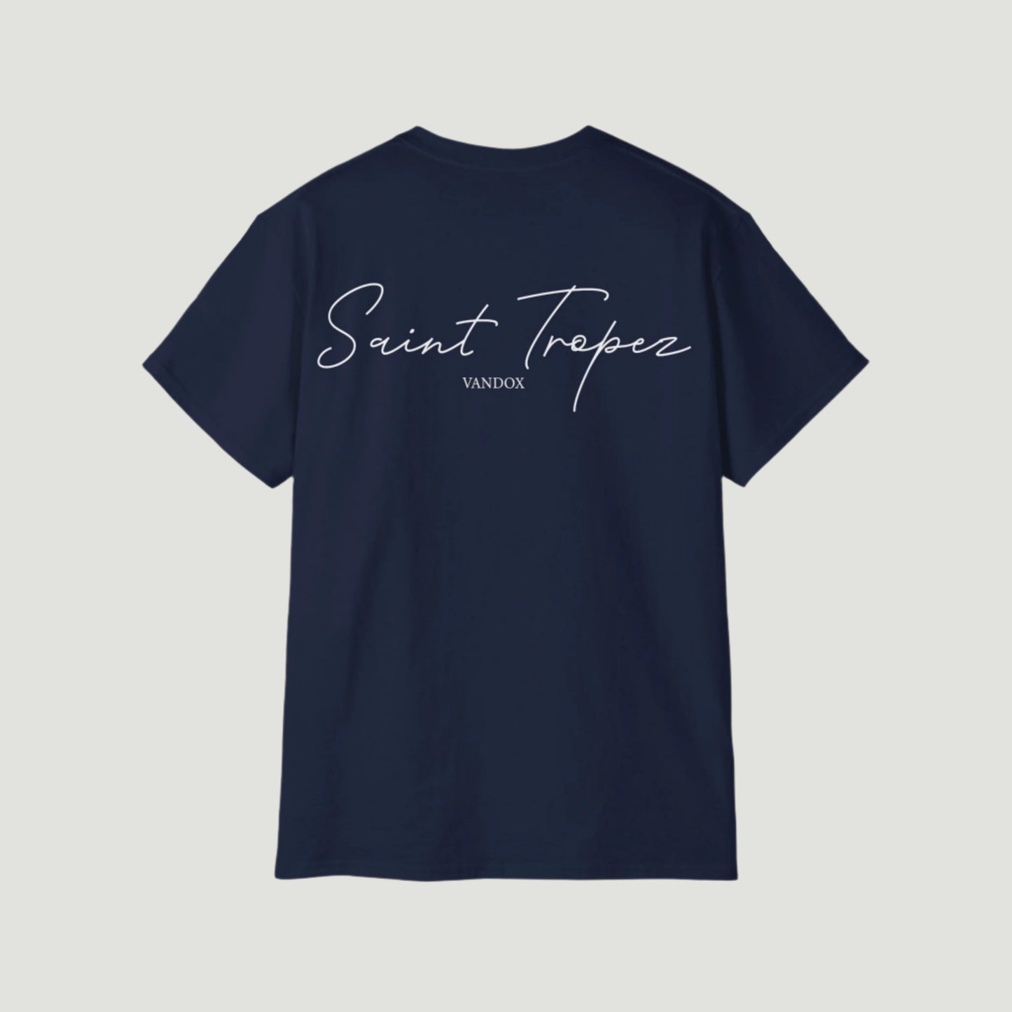 Deep Blue Navy Vandox Saint Tropez T-Shirt with large white cursive “Saint Tropez” script on the back and small Vandox branding. Starboy old money shirt tshirt clothes vandox sacrevandox vandox clothes vandox clothing