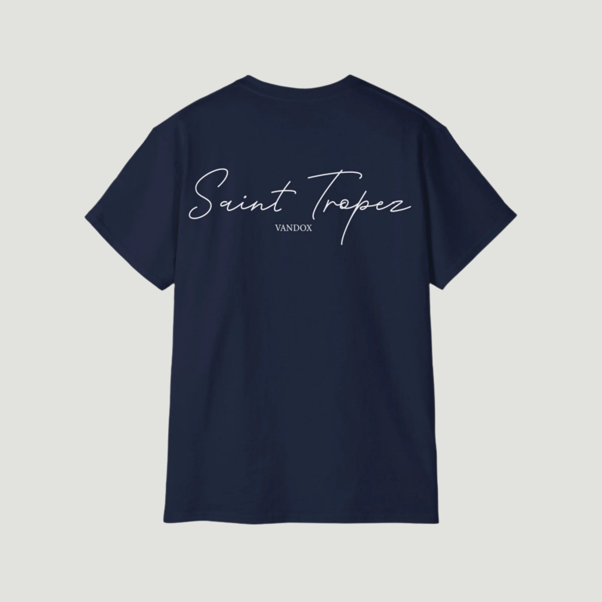 Deep Blue Navy Vandox Saint Tropez T-Shirt with large white cursive “Saint Tropez” script on the back and small Vandox branding. Starboy old money shirt tshirt clothes vandox sacrevandox vandox clothes vandox clothing