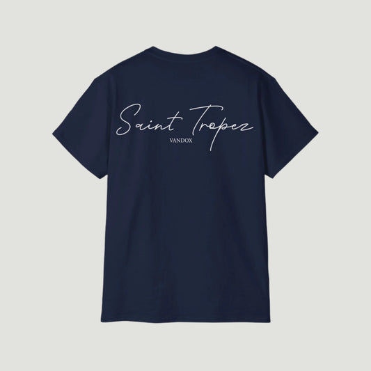 Deep Blue Navy Vandox Saint Tropez T-Shirt with large white cursive “Saint Tropez” script on the back and small Vandox branding. Starboy old money shirt tshirt clothes vandox sacrevandox vandox clothes vandox clothing