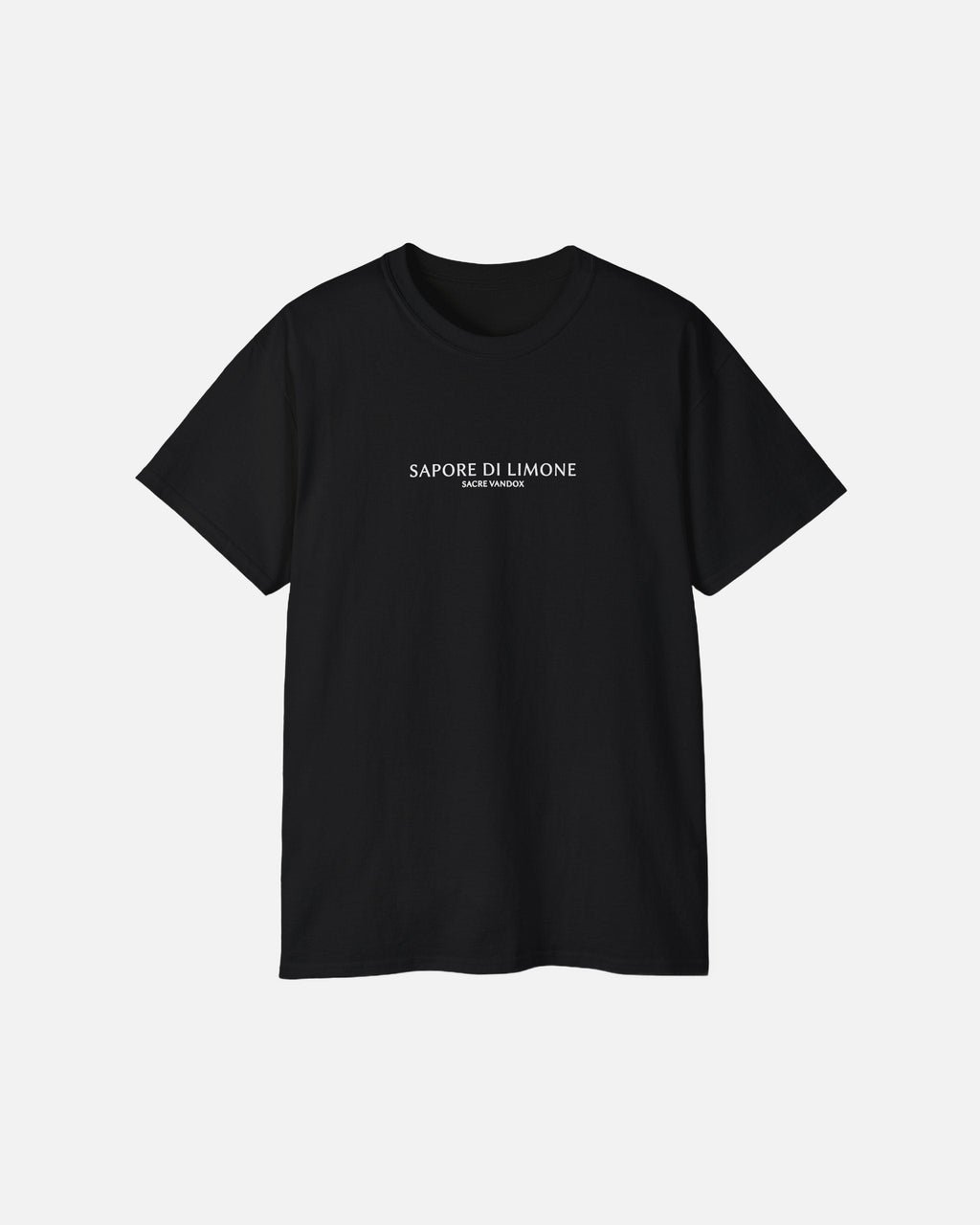 Vandox Sapore di Limone Tee front view – minimalist black premium cotton t-shirt with Sapore di Limone Sacre Vandox lettering, Frutta d'Estate summer collection.
Starboy old money shirt tshirt clothes vandox sacrevandox vandox clothes vandox clothing