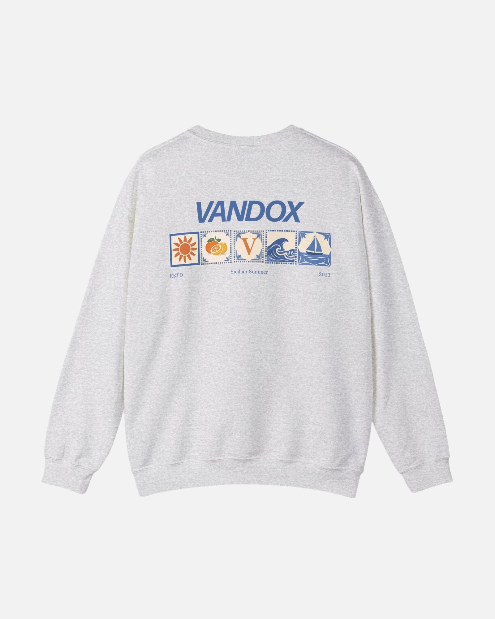Ash Grey crewneck sweatshirt with blue VANDOX Sicilian Summer Slow Coast front graphic. Starboy old money hoodie sweatshirt clothes vandox sacrevandox vandox clothes vandox clothing crewneck