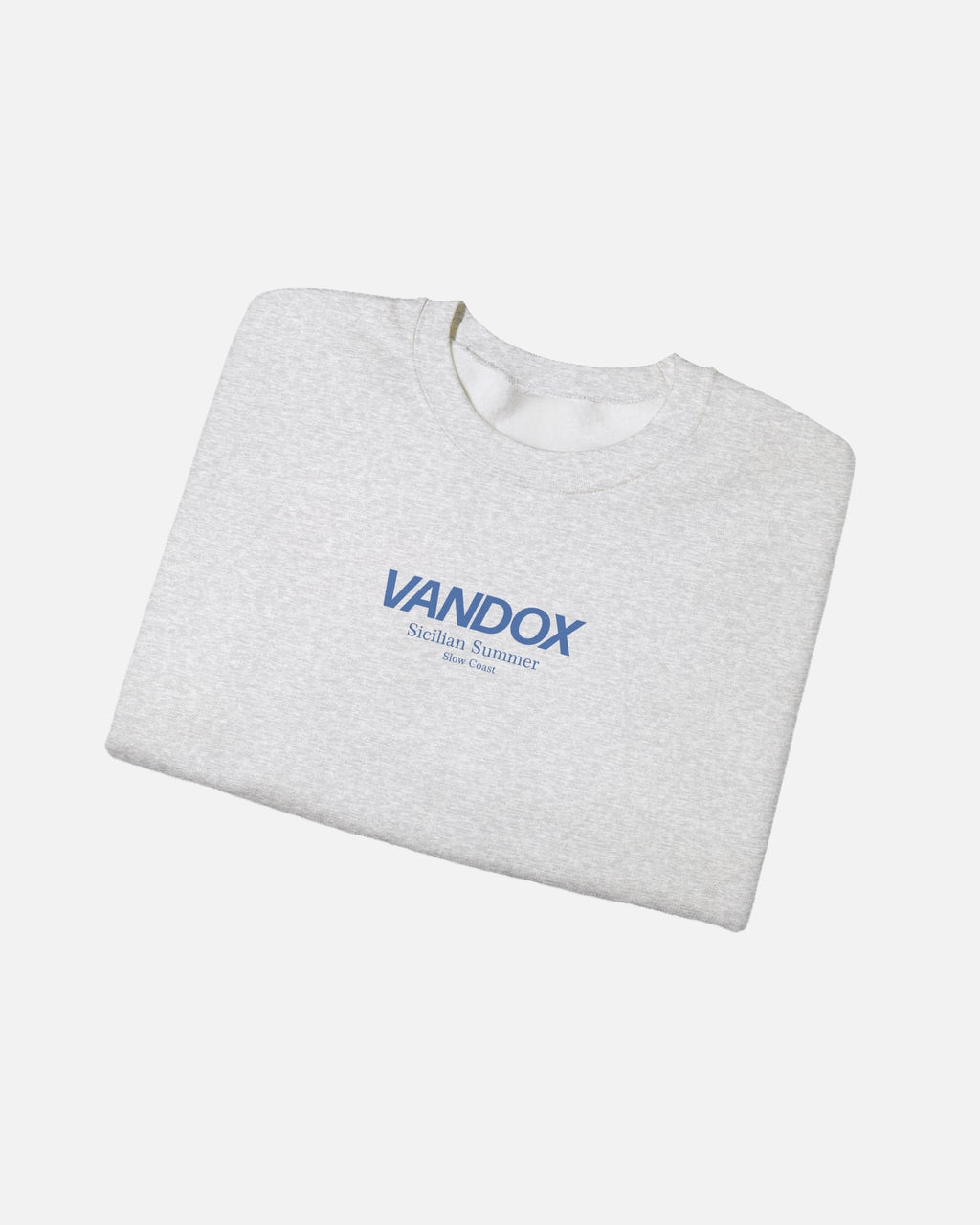 Folded View of Ash Grey crewneck sweatshirt with blue VANDOX Sicilian Summer Slow Coast front graphic. Starboy old money hoodie sweatshirt clothes vandox sacrevandox vandox clothes vandox clothing crewneck