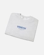 Folded View of Ash Grey crewneck sweatshirt with blue VANDOX Sicilian Summer Slow Coast front graphic. Starboy old money hoodie sweatshirt clothes vandox sacrevandox vandox clothes vandox clothing crewneck