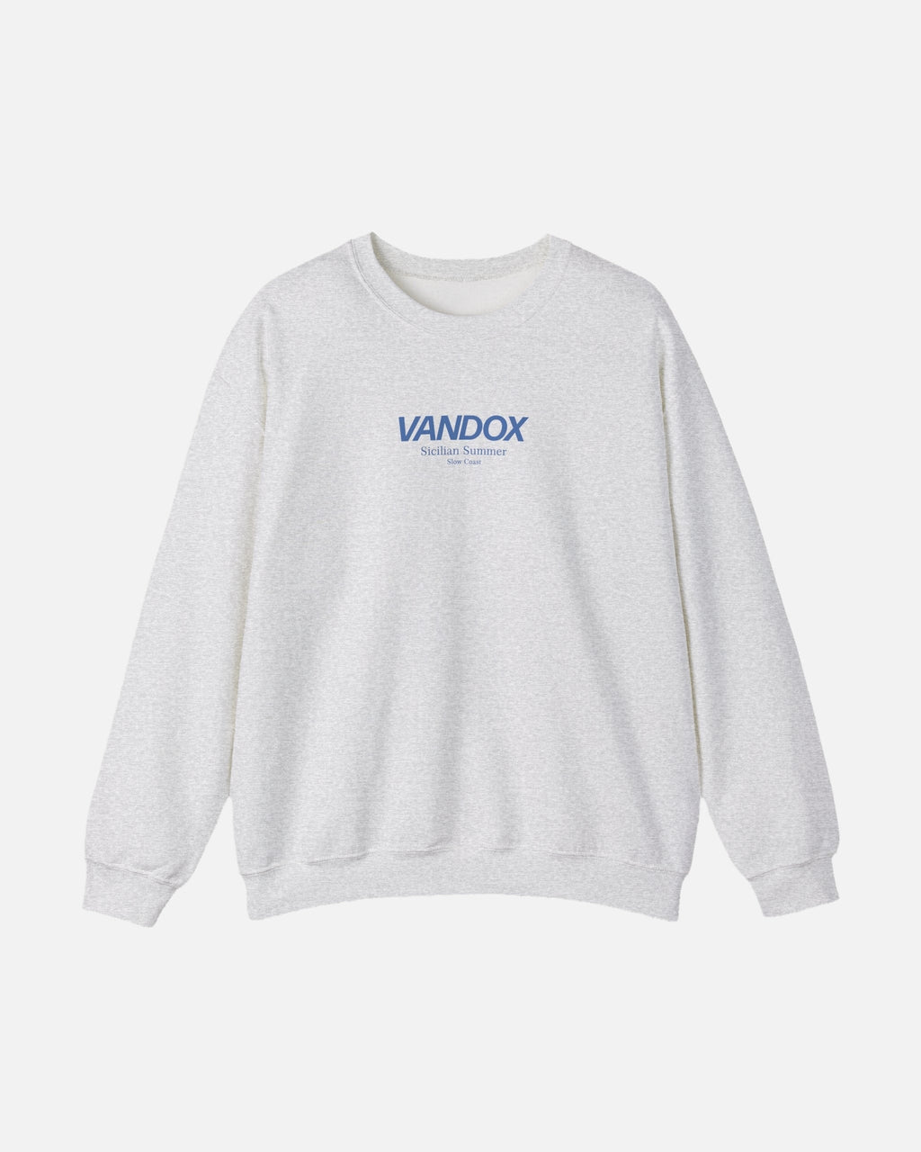 Ash Grey crewneck sweatshirt with blue VANDOX Sicilian Summer Slow Coast front graphic. Starboy old money hoodie sweatshirt clothes vandox sacrevandox vandox clothes vandox clothing crewneck