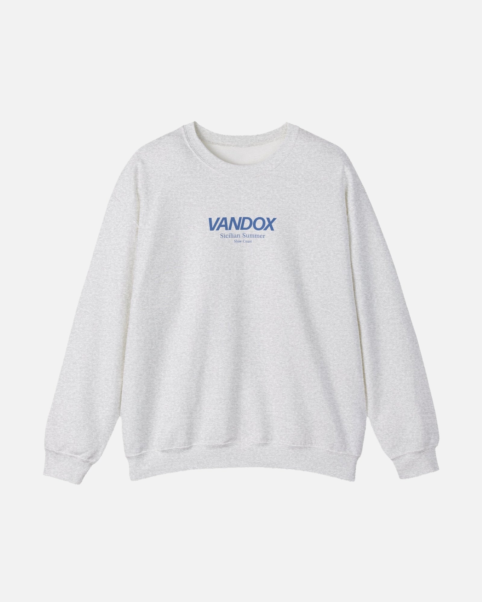 Ash Grey crewneck sweatshirt with blue VANDOX Sicilian Summer Slow Coast front graphic. Starboy old money hoodie sweatshirt clothes vandox sacrevandox vandox clothes vandox clothing crewneck
