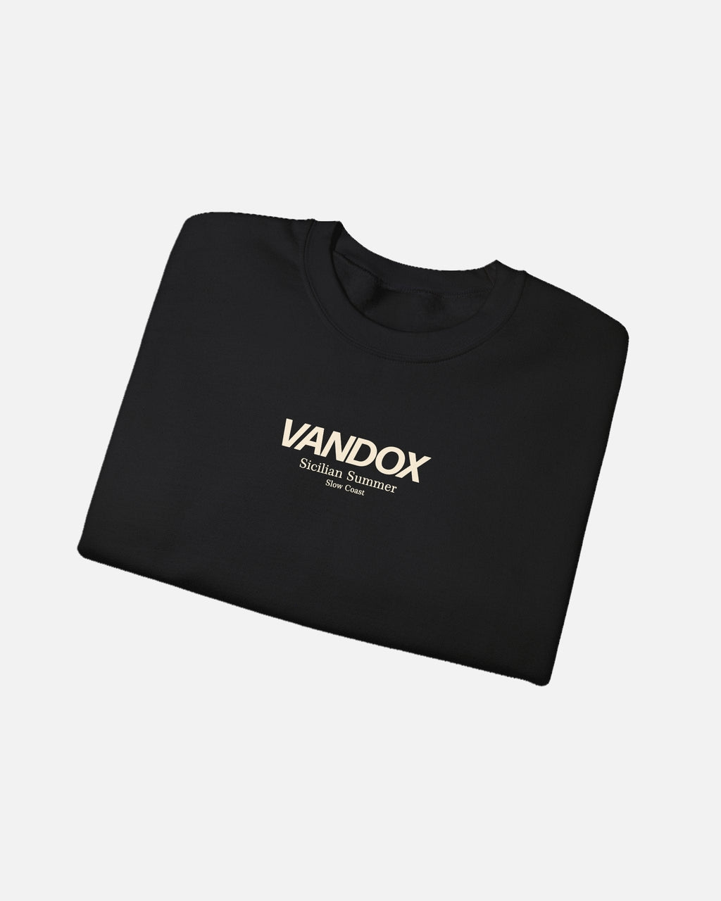 Folded View of Black crewneck sweatshirt with blue VANDOX Sicilian Summer Slow Coast front graphic. Starboy old money hoodie sweatshirt clothes vandox sacrevandox vandox clothes vandox clothing crewneck