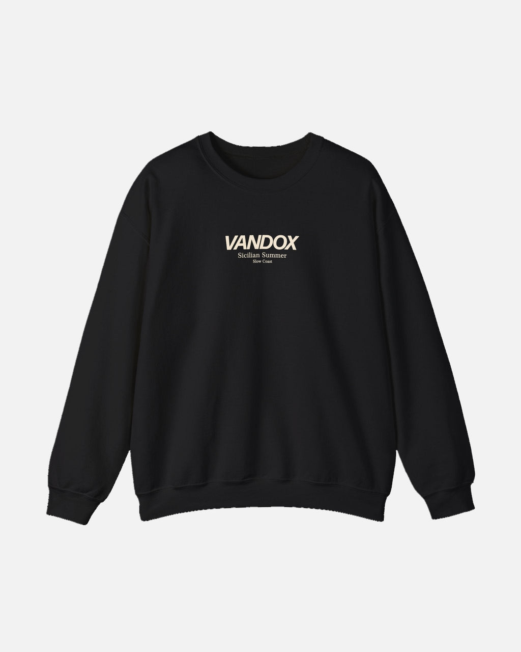Black crewneck sweatshirt with blue VANDOX Sicilian Summer Slow Coast front graphic. Starboy old money hoodie sweatshirt clothes vandox sacrevandox vandox clothes vandox clothing crewneck