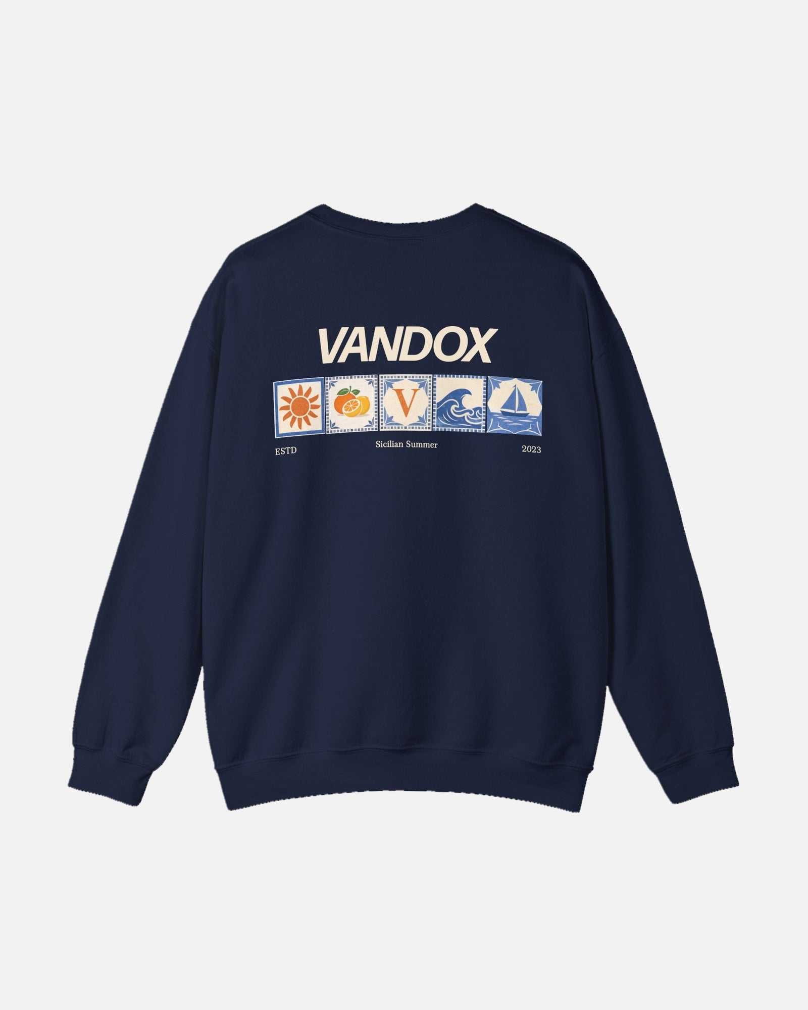 Navy Blue crewneck sweatshirt back view with colourful Mediterranean sun citrus wave sailboat tile graphic and Sicilian Summer ESTD 2023 text Starboy old money hoodie sweatshirt clothes vandox sacrevandox vandox clothes vandox clothing crewneck