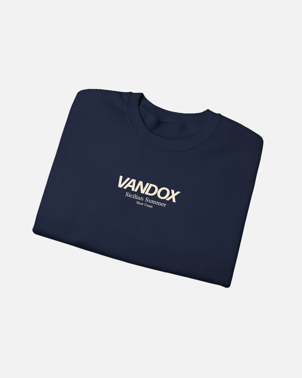 Folded View of Navy blue crewneck sweatshirt with blue VANDOX Sicilian Summer Slow Coast front graphic. Starboy old money hoodie sweatshirt clothes vandox sacrevandox vandox clothes vandox clothing crewneck