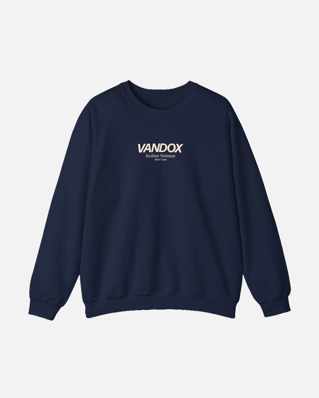 Navy Blue crewneck sweatshirt with blue VANDOX Sicilian Summer Slow Coast front graphic. Starboy old money hoodie sweatshirt clothes vandox sacrevandox vandox clothes vandox clothing crewneck