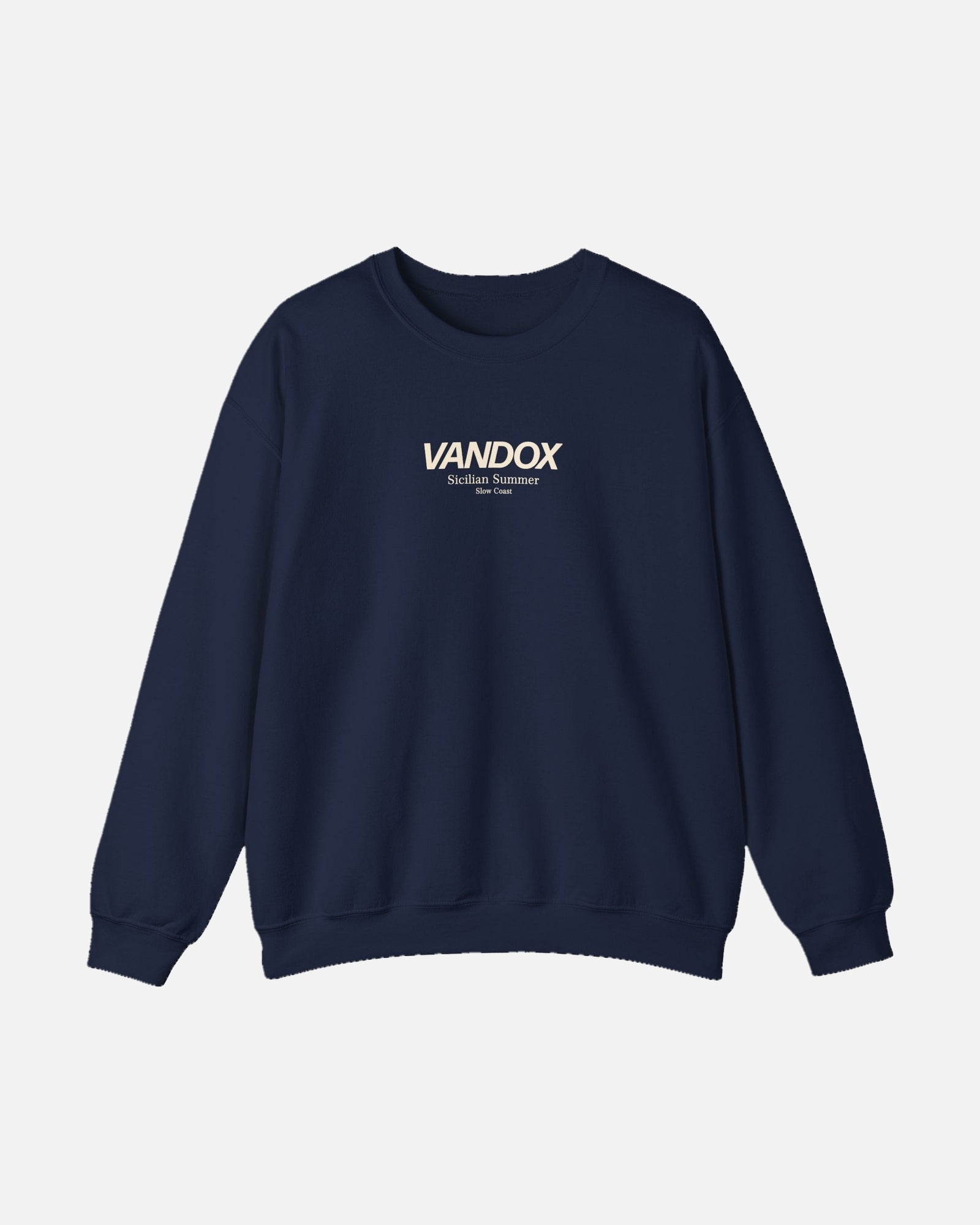 Navy Blue crewneck sweatshirt with blue VANDOX Sicilian Summer Slow Coast front graphic. Starboy old money hoodie sweatshirt clothes vandox sacrevandox vandox clothes vandox clothing crewneck