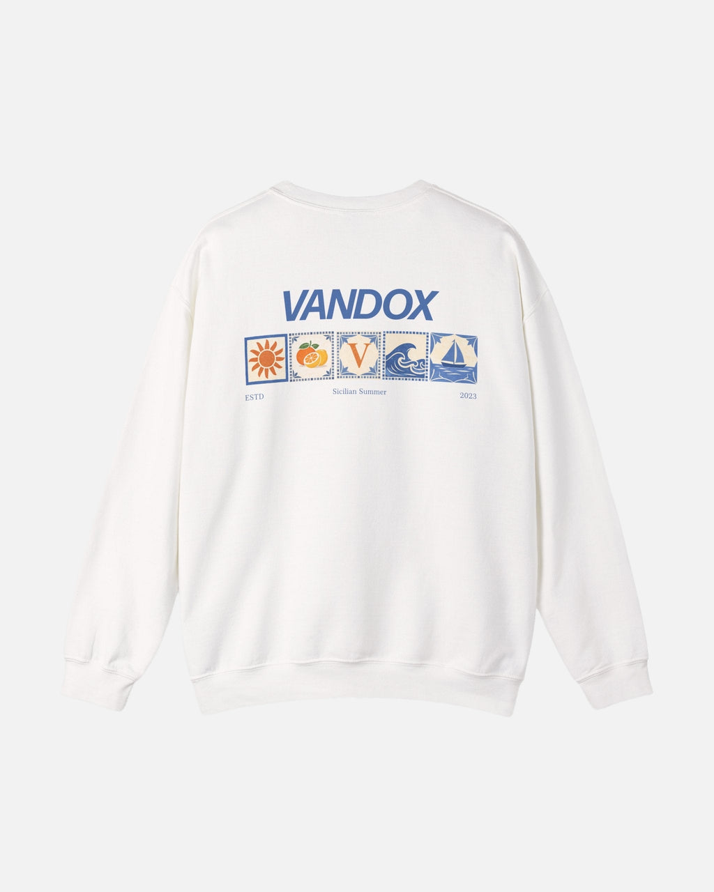 White crewneck sweatshirt back view with colourful Mediterranean sun citrus wave sailboat tile graphic and Sicilian Summer ESTD 2023 text Starboy old money hoodie sweatshirt clothes vandox sacrevandox vandox clothes vandox clothing crewneck