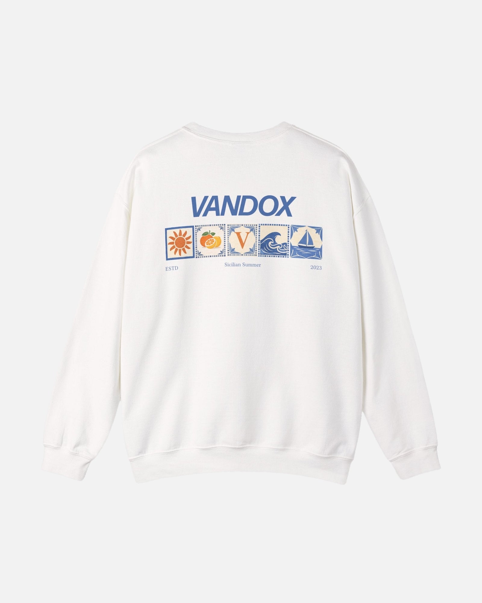 White crewneck sweatshirt back view with colourful Mediterranean sun citrus wave sailboat tile graphic and Sicilian Summer ESTD 2023 text Starboy old money hoodie sweatshirt clothes vandox sacrevandox vandox clothes vandox clothing crewneck
