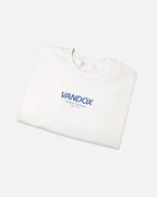 Folded View of White crewneck sweatshirt with blue VANDOX Sicilian Summer Slow Coast front graphic. Starboy old money hoodie sweatshirt clothes vandox sacrevandox vandox clothes vandox clothing crewneck