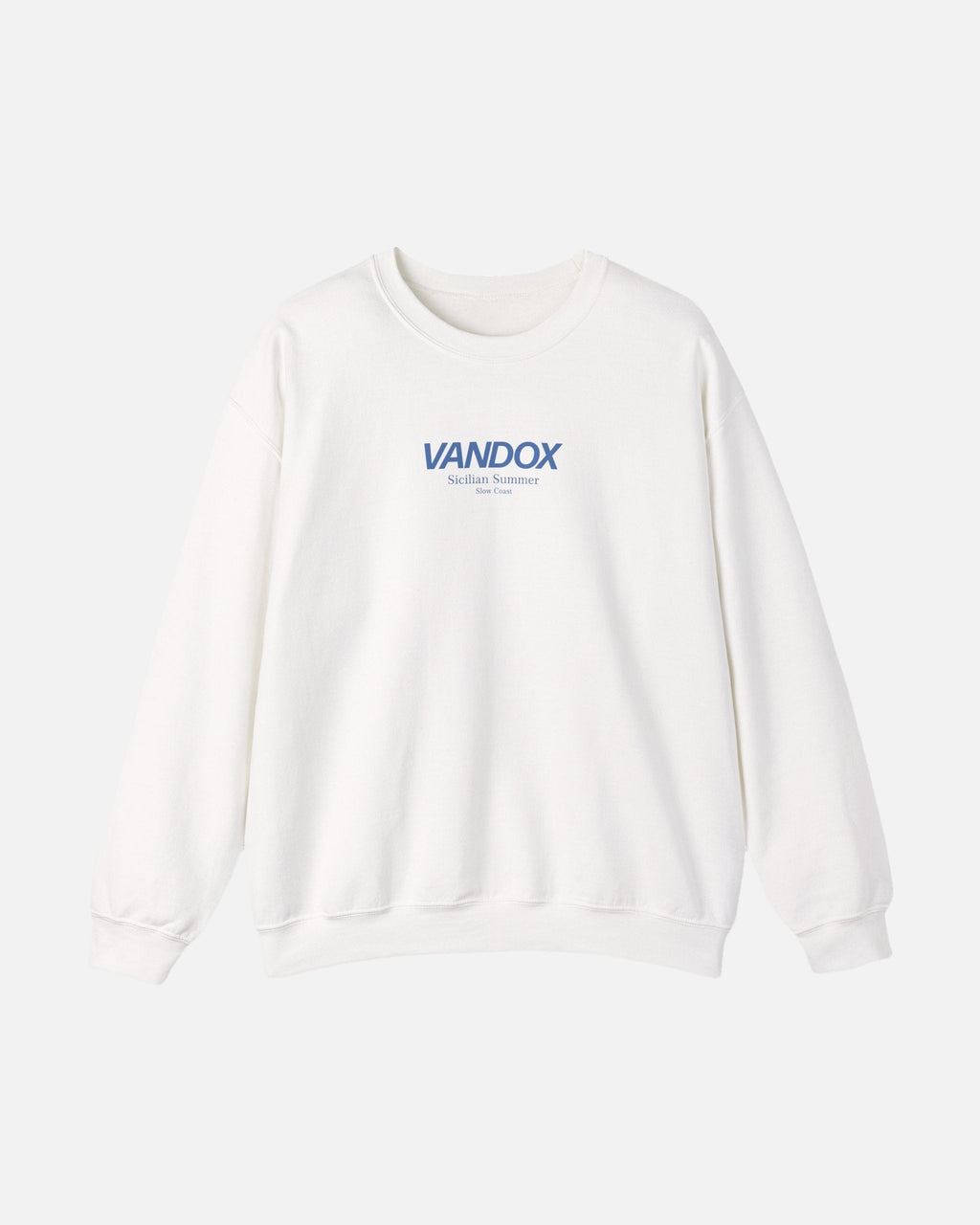White crewneck sweatshirt with blue VANDOX Sicilian Summer Slow Coast front graphic. Starboy old money hoodie sweatshirt clothes vandox sacrevandox vandox clothes vandox clothing crewneck