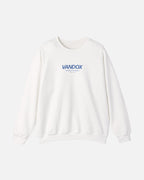 White crewneck sweatshirt with blue VANDOX Sicilian Summer Slow Coast front graphic. Starboy old money hoodie sweatshirt clothes vandox sacrevandox vandox clothes vandox clothing crewneck