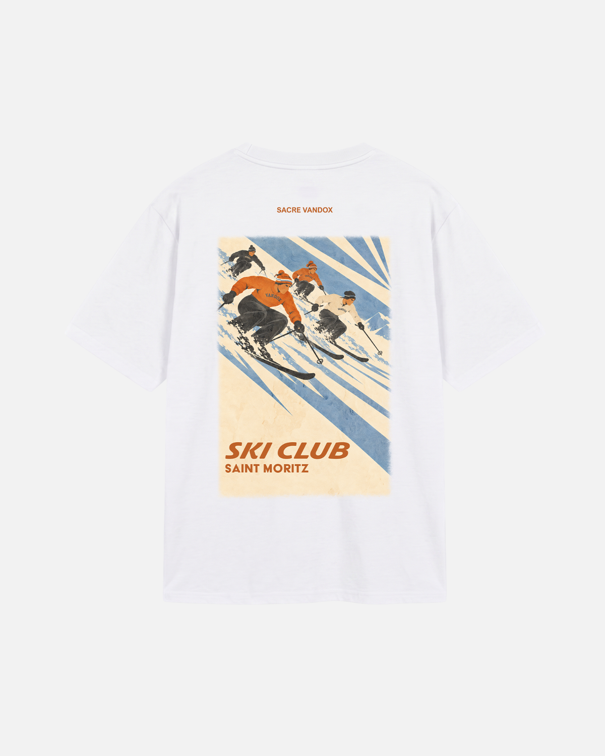 Vandox Ski Club Poster White t-shirt back view with vintage art deco poster style ski racing scene and Ski Club Saint Moritz text. Starboy old money shirt tshirt clothes vandox sacrevandox vandox clothes vandox clothing
