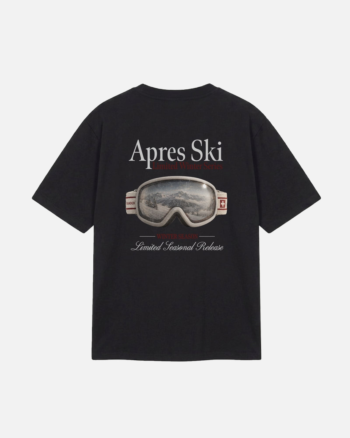 Black Vandox Snow Lens t-shirt back view with photorealistic ski goggle graphic showing alpine mountain reflection and Apres Ski Limited Winter Series text. Starboy old money shirt tshirt clothes vandox sacrevandox vandox clothes vandox clothing