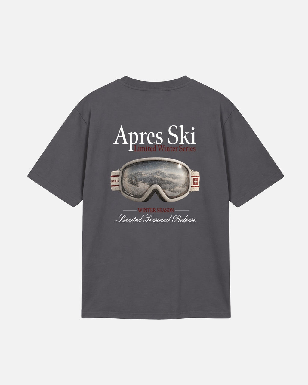 Charcoal Grey light grey Vandox Snow Lens t-shirt back view with photorealistic ski goggle graphic showing alpine mountain reflection and Apres Ski Limited Winter Series text. Starboy old money shirt tshirt clothes vandox sacrevandox vandox clothes vandox clothing