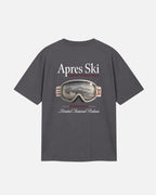 Charcoal Grey light grey Vandox Snow Lens t-shirt back view with photorealistic ski goggle graphic showing alpine mountain reflection and Apres Ski Limited Winter Series text. Starboy old money shirt tshirt clothes vandox sacrevandox vandox clothes vandox clothing
