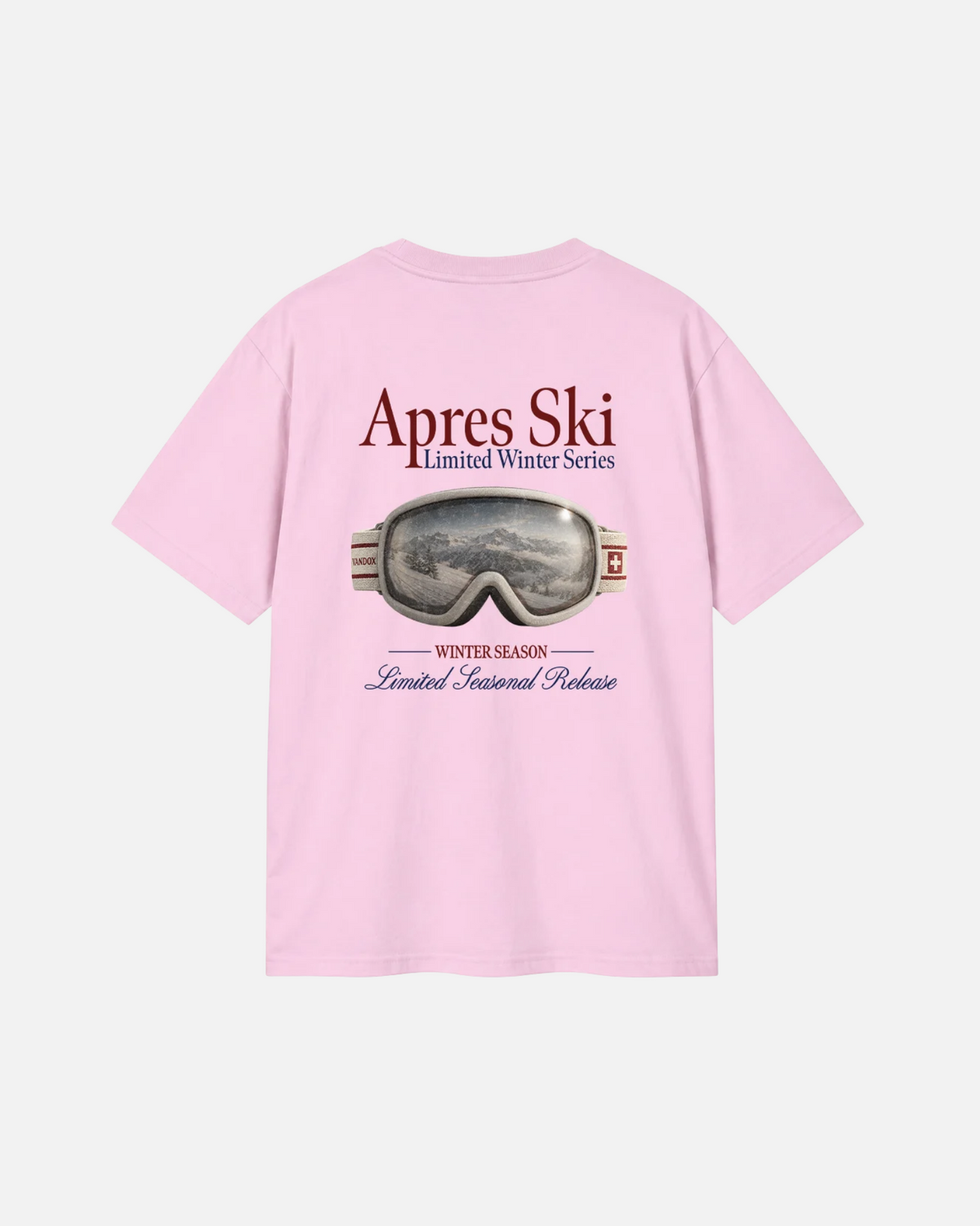Light pink salmon Vandox Snow Lens t-shirt back view with photorealistic ski goggle graphic showing alpine mountain reflection and Apres Ski Limited Winter Series text. Starboy old money shirt tshirt clothes vandox sacrevandox vandox clothes vandox clothing