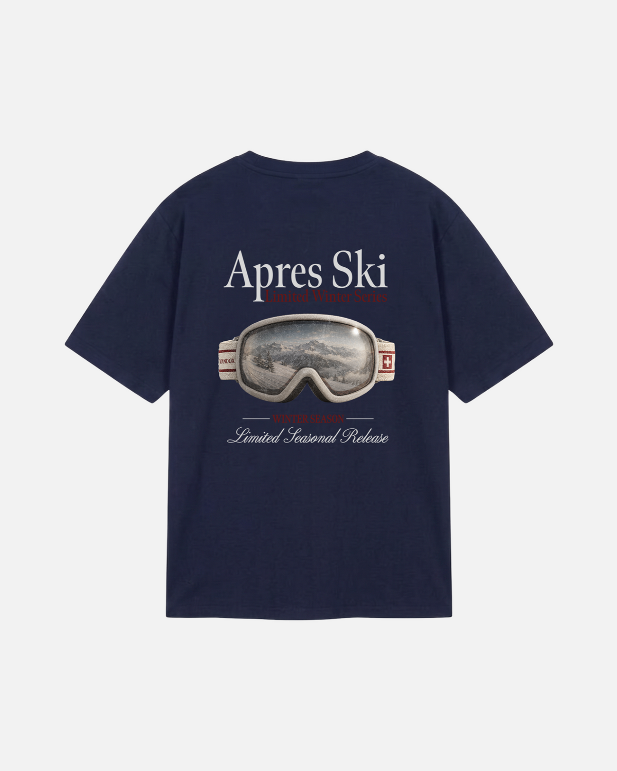 Navy Dark Blue Deep Blue Vandox Snow Lens t-shirt back view with photorealistic ski goggle graphic showing alpine mountain reflection and Apres Ski Limited Winter Series text. Starboy old money shirt tshirt clothes vandox sacrevandox vandox clothes vandox clothing