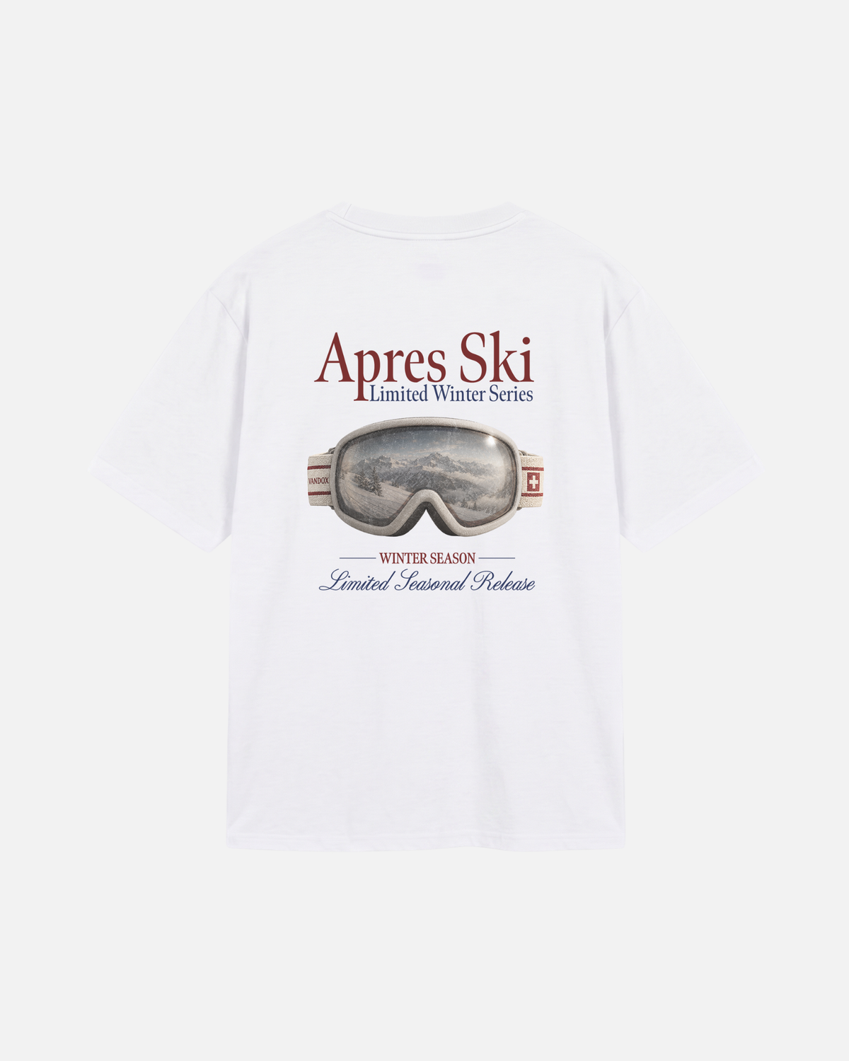 White eggshell white offwhite Vandox Snow Lens t-shirt back view with photorealistic ski goggle graphic showing alpine mountain reflection and Apres Ski Limited Winter Series text. Starboy old money shirt tshirt clothes vandox sacrevandox vandox clothes vandox clothing
