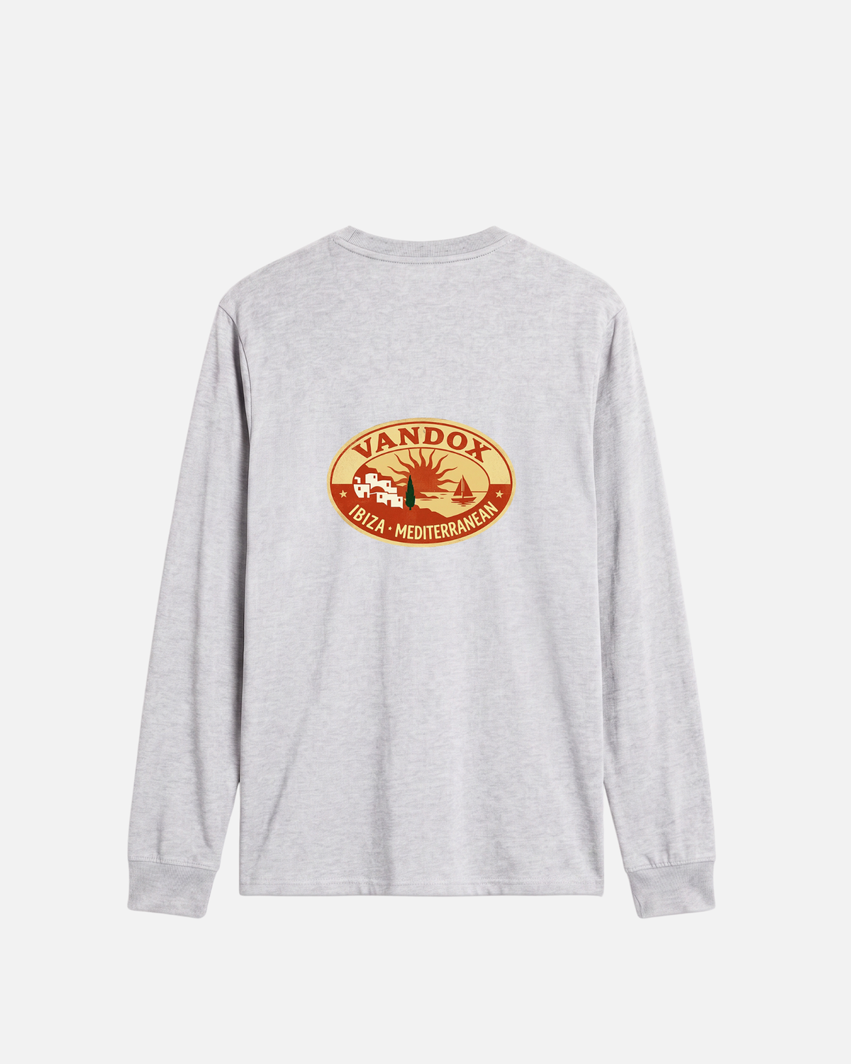 Ash Grey vandox sol de ibiza longsleeve long sleeve t-shirt back view with vintage oval Vandox Ibiza Mediterranean stamp graphic. Starboy old money hoodie sweatshirt longsleeve long sleeve clothes vandox sacrevandox vandox clothes vandox clothing