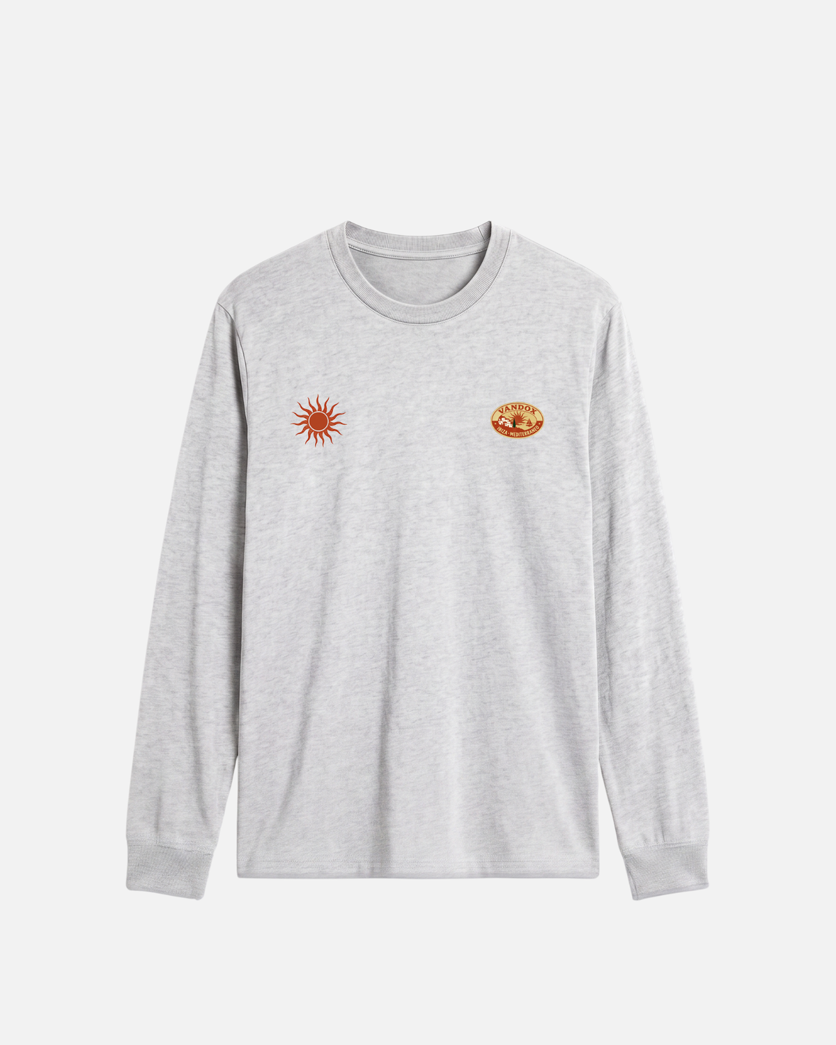 Ash Grey Vandox Sol de Ibiza longsleeve long sleeve t-shirt with red sun emblem and Vandox Ibiza oval chest graphics. Starboy old money hoodie sweatshirt longsleeve long sleeve clothes vandox sacrevandox vandox clothes vandox clothing