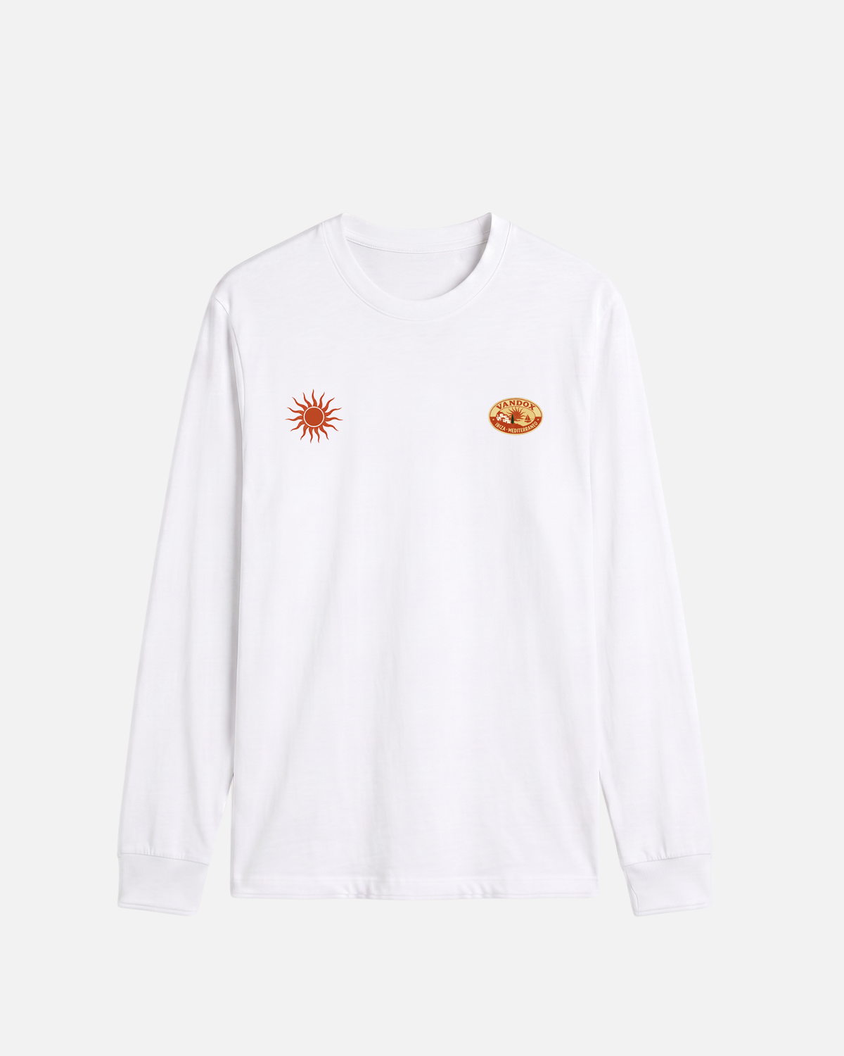 Eggshell White Vandox Sol de Ibiza longsleeve long sleeve t-shirt with red sun emblem and Vandox Ibiza oval chest graphics. Starboy old money hoodie sweatshirt longsleeve long sleeve clothes vandox sacrevandox vandox clothes vandox clothing