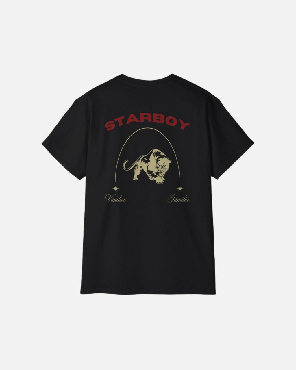 Deep Black Vandox Starboy T-Shirt with panther and arch graphic on back, small “Vandox Familia” star emblem on front. Starboy old money shirt tshirt clothes vandox sacrevandox vandox clothes vandox clothing