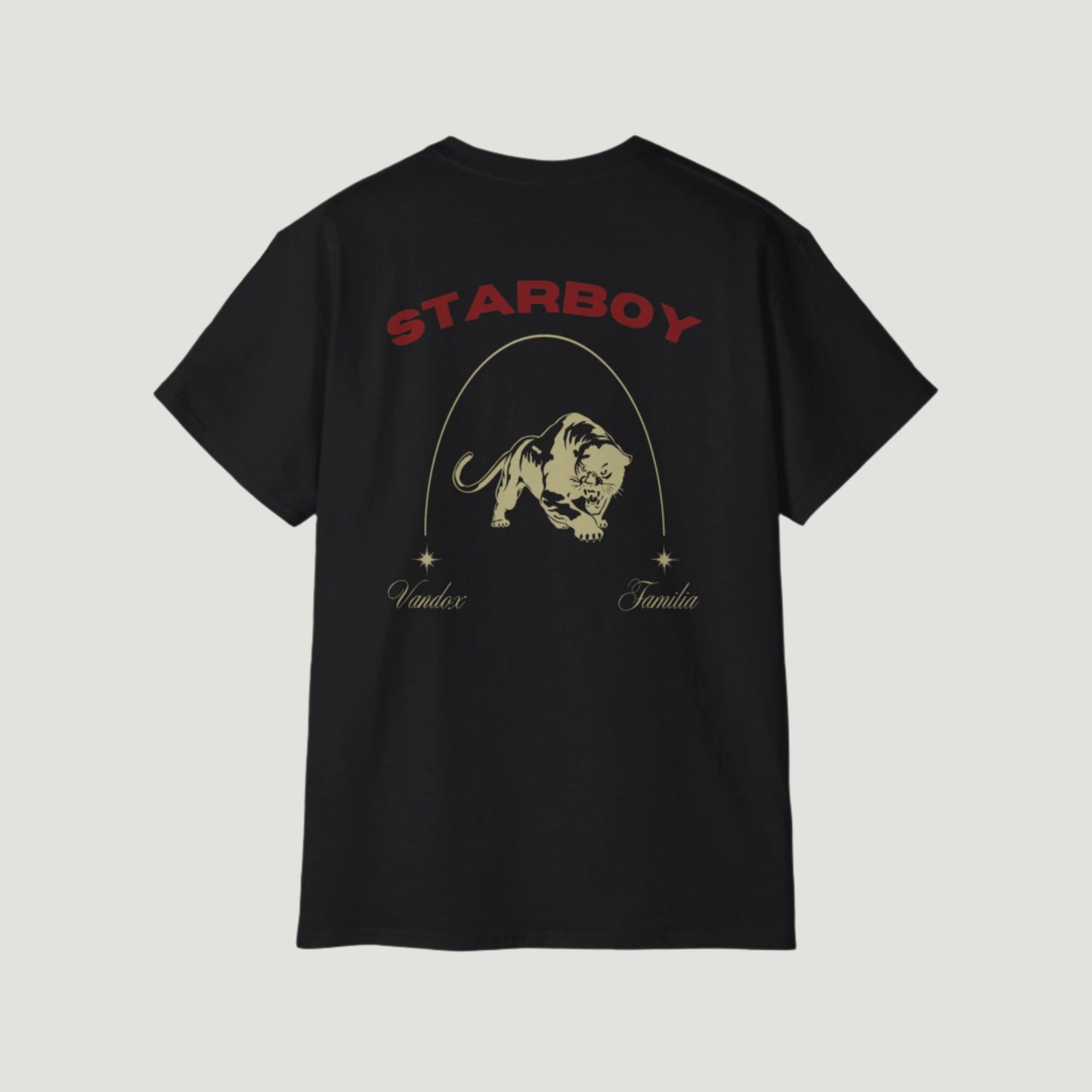 Deep Black Vandox Starboy T-Shirt with panther and arch graphic on back, small “Vandox Familia” star emblem on front. Starboy old money shirt tshirt clothes vandox sacrevandox vandox clothes vandox clothing