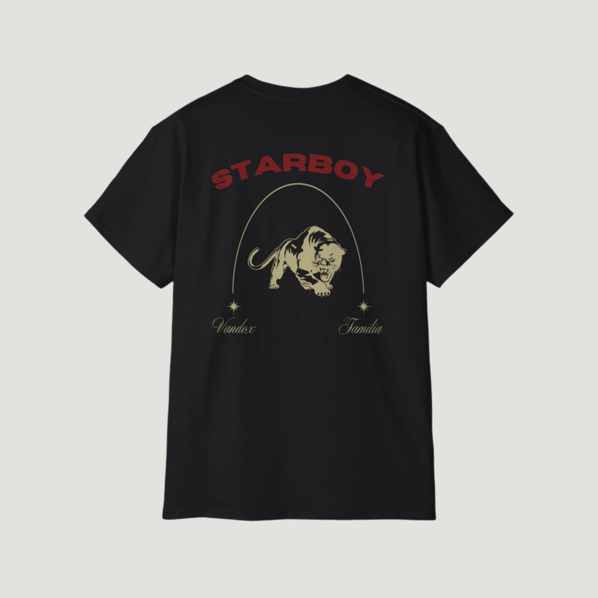 Deep Black Vandox Starboy T-Shirt with panther and arch graphic on back, small “Vandox Familia” star emblem on front. Starboy old money shirt tshirt clothes vandox sacrevandox vandox clothes vandox clothing