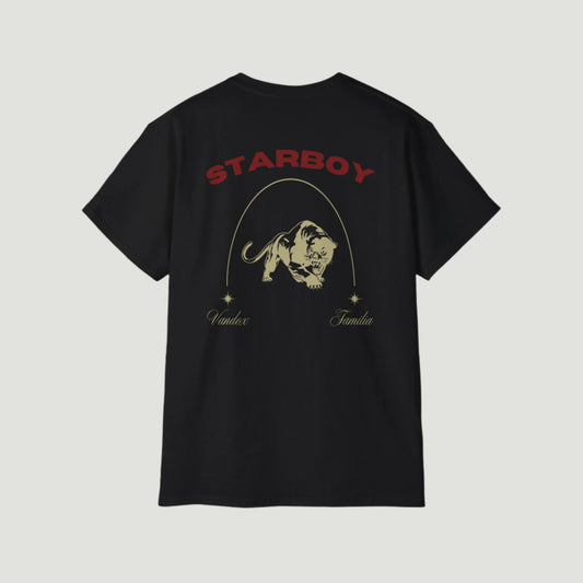 Deep Black Vandox Starboy T-Shirt with panther and arch graphic on back, small “Vandox Familia” star emblem on front. Starboy old money shirt tshirt clothes vandox sacrevandox vandox clothes vandox clothing
